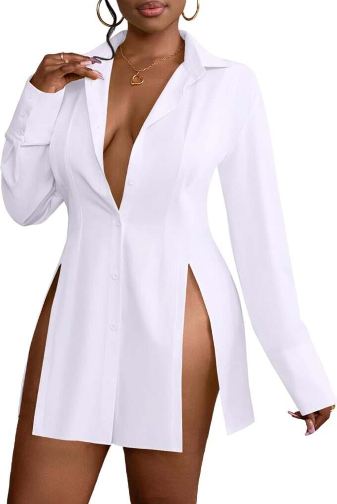 LYANER Women's Button Down Shirt Dress Collar V Neck Long Sleeve Slit Sexy Shirt Dresses – Bild 3