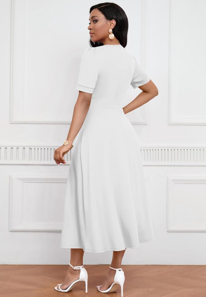 Womens Midi Dresses V Neck Cocktail Church Tea Dresses Short Sleeve A-Line Swing Dresses – Bild 4