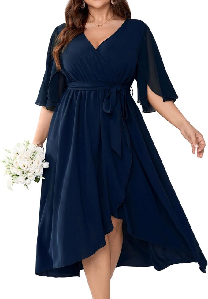 Plus Size Formal Wedding Guest Cocktail Dress for Curvy Women Flutter Sleeve Ruffle Hem Wrap V Neck Midi Dresses