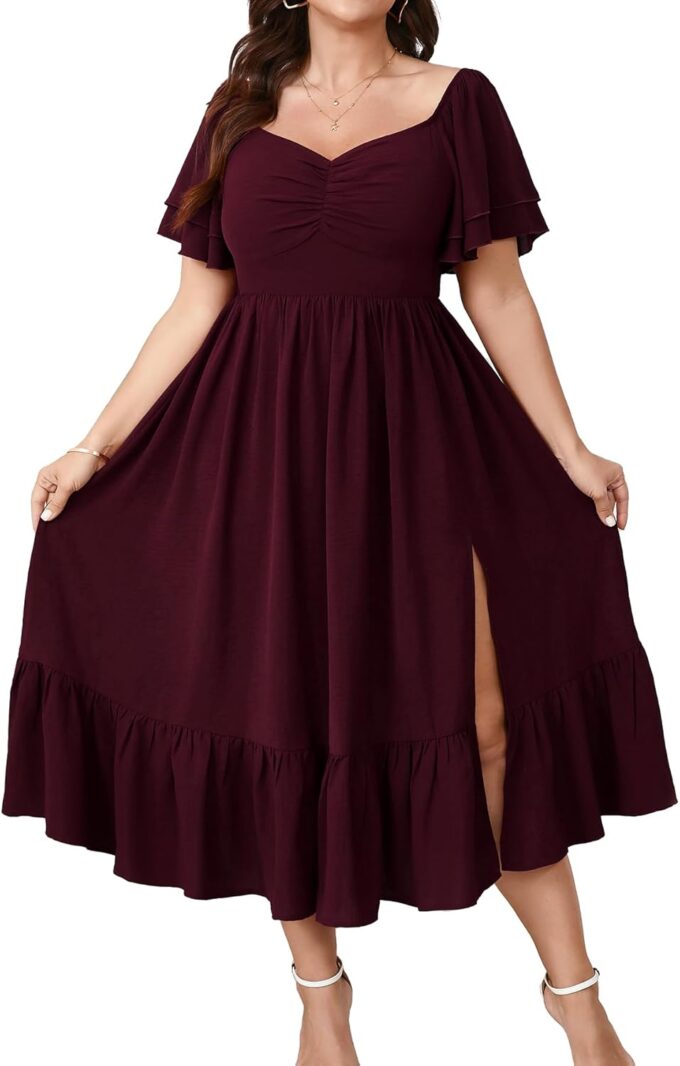 SCOMCHIC Womens Plus Size Wedding Guest Cocktail Dresses Sweetheart Neckline Short Sleeve Smocked Ruffle Slit Maxi Dress