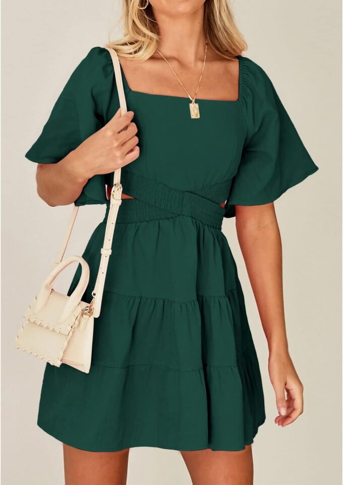 Shy Velvet Women's Summer Dress Square Neck Short Sleeves Crossover Waist Casual Party Mini Dress – Bild 4