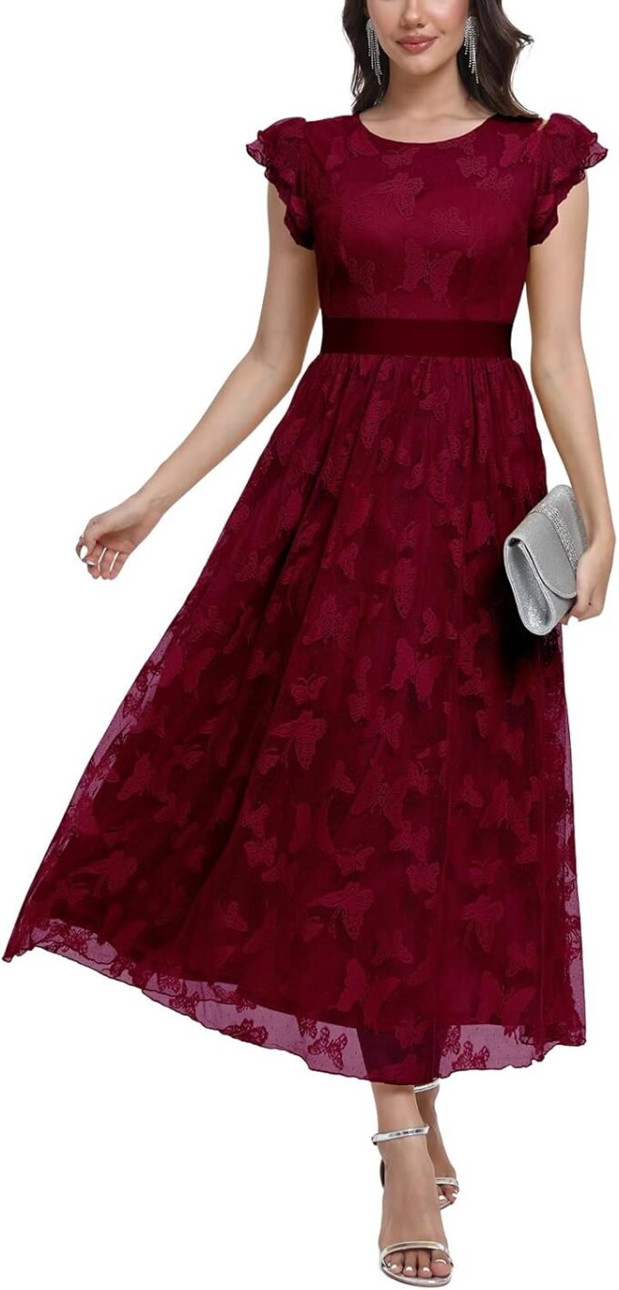 Women's Midi Formal Dress 2025 Flutter Short Sleeve Crewneck Lace Wedding Guest Party Dresses