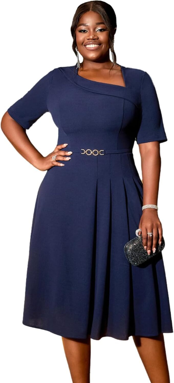 AOMEI Damen-Kleid, marineblau, unregelmäßiger Ausschnitt, kurze Ärmel, Schnalle, A-Linie, lässiges Arbeitskleid