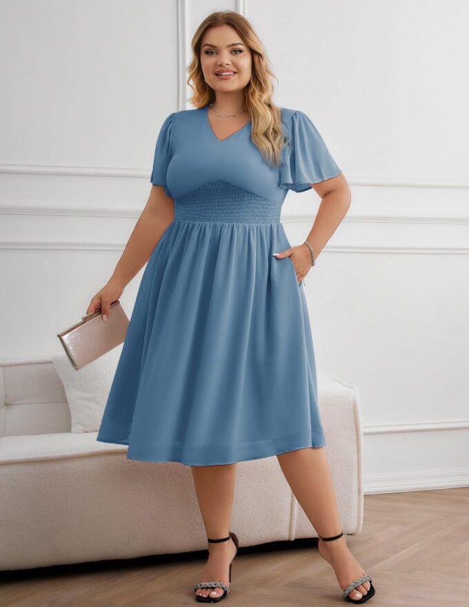 Hanna Nikole Womens Plus Size Chiffon Cocktail Dress Smocked Waist Ruffle Sleeve Party Wedding Guest Dress with Pockets – Bild 2