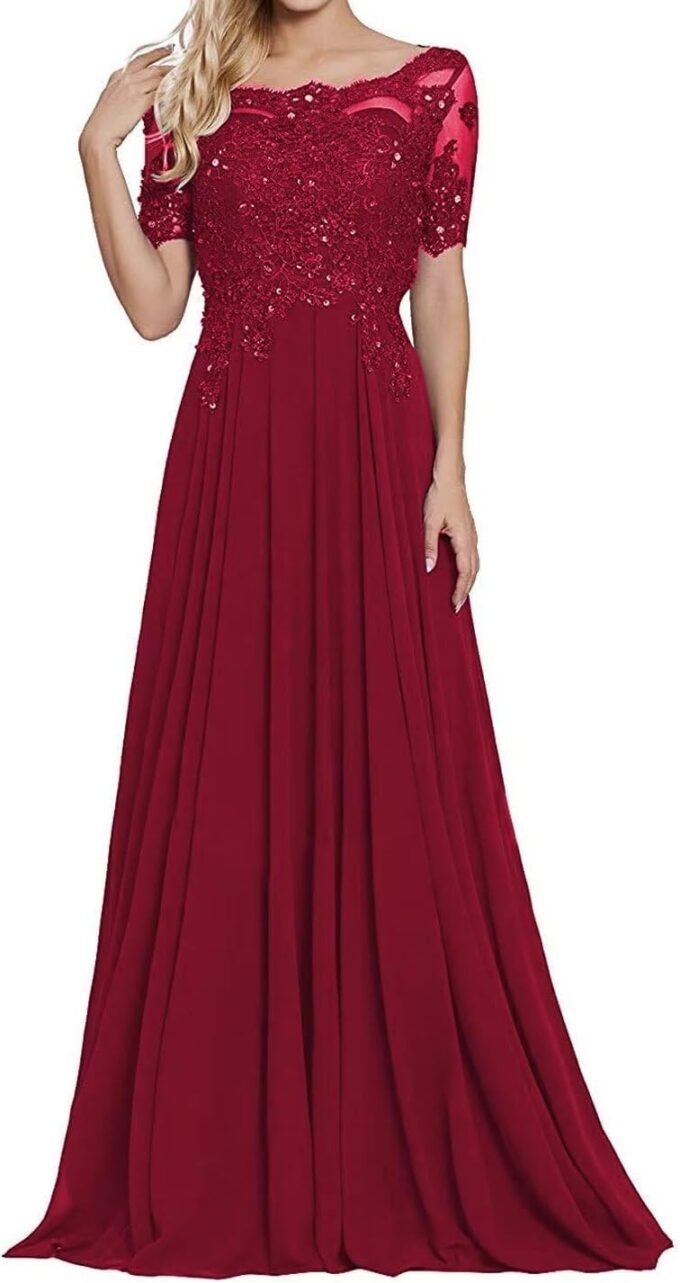 Laces Appliques Mother of The Bride Dresses Short Sleeves Chiffon Formal Evening Dress for Mom