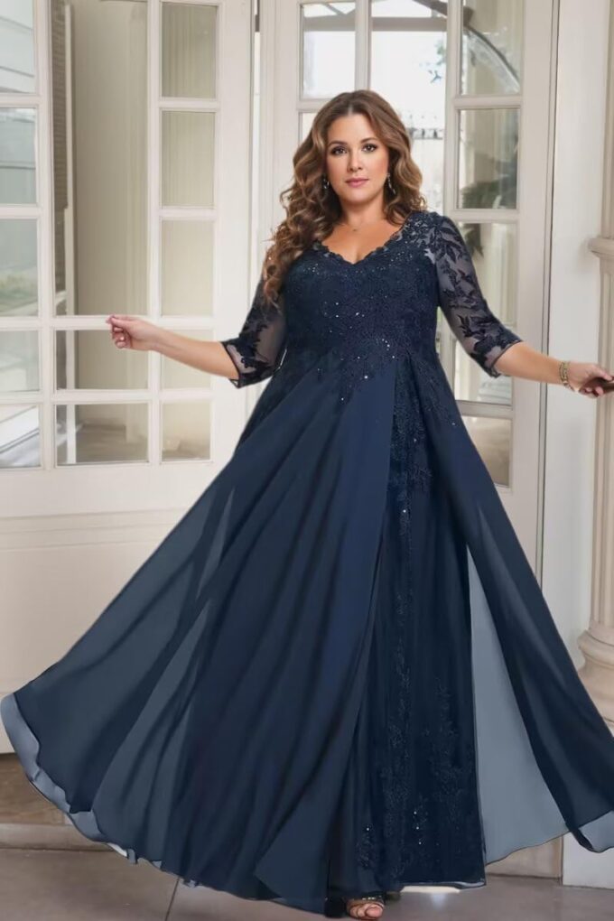 3/4 Sleeve Mother of The Bride Dresses for Women Long Chiffon Lace V Neck Sparkly Formal Wedding Guest Gown – Bild 2
