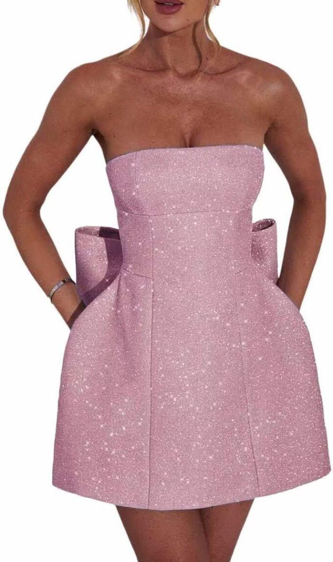 Sparkly Homecoming Dresses with Bow Back Strapless Short Prom Party Dress Mini Cocktail Gown