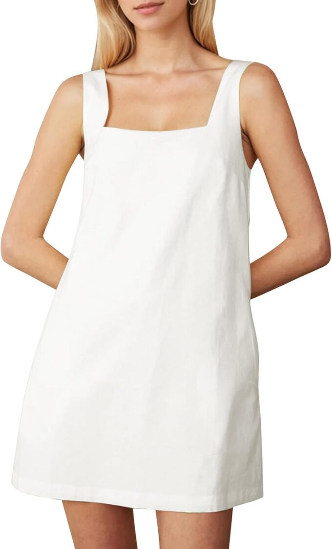 Summer Sleeveless Cotton Linen Mini Dresses for Women Casual Square Neck Backless Short Dress Solid Tank Shift Dress