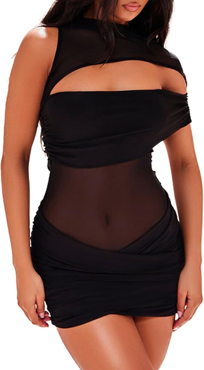 Women Sexy Hollow Out Mesh Mini Dress See Through Double Layer Tight Ruched Night Club Party Dress