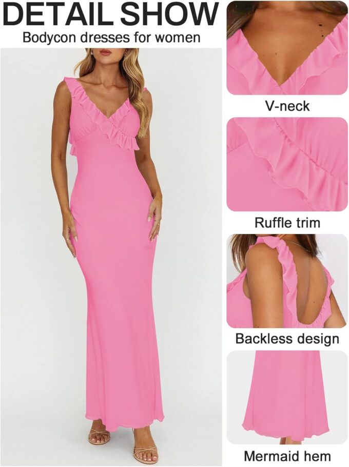 Women Sexy Sleeveless V-Neck Ruffle Backless Summer Dresses Long Formal Dress for Women Cocktail Party Prom Dress – Bild 3