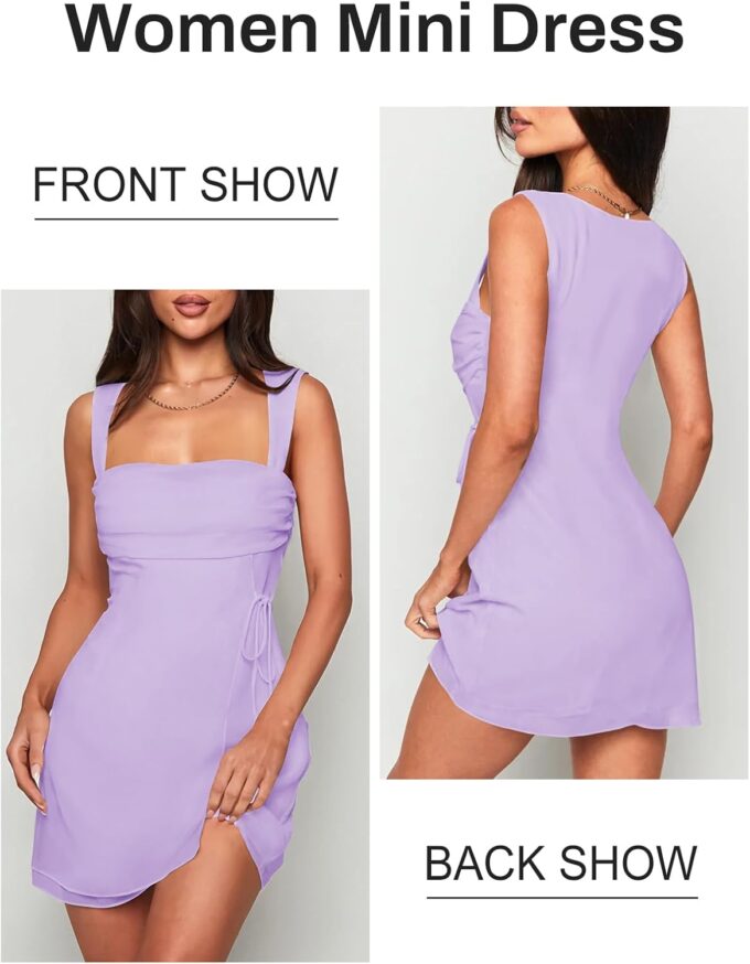 Women's Sexy Square Neck Dress Sleeveless Elegant Ruched Mesh Short Dress Party Club Mini Dresses for Women – Bild 2