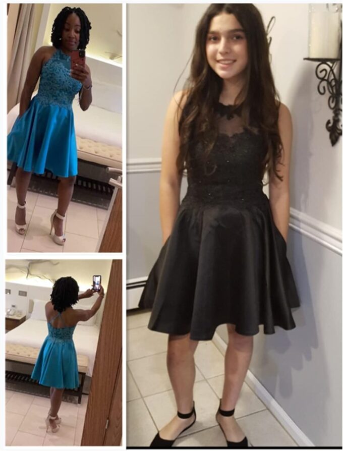 Satin Lace-Applique Homecoming Dresses Short with Pockets Halter Cocktail Dresses for Teens WD029 – Bild 6