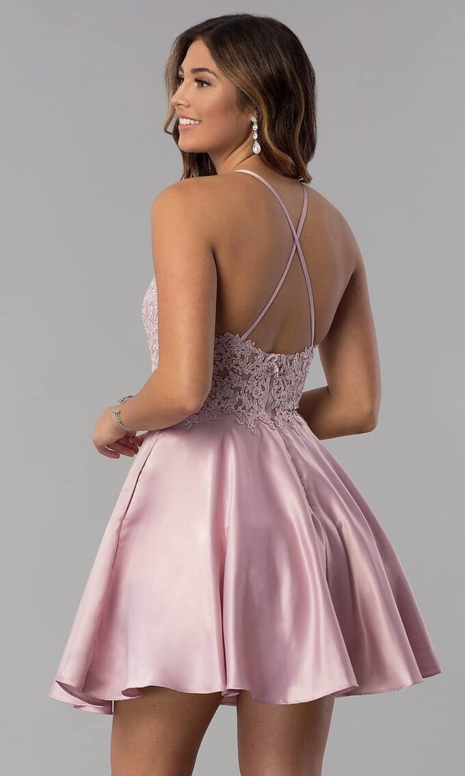 Satin Lace-Applique Homecoming Dresses Short with Pockets Halter Cocktail Dresses for Teens WD029 – Bild 5