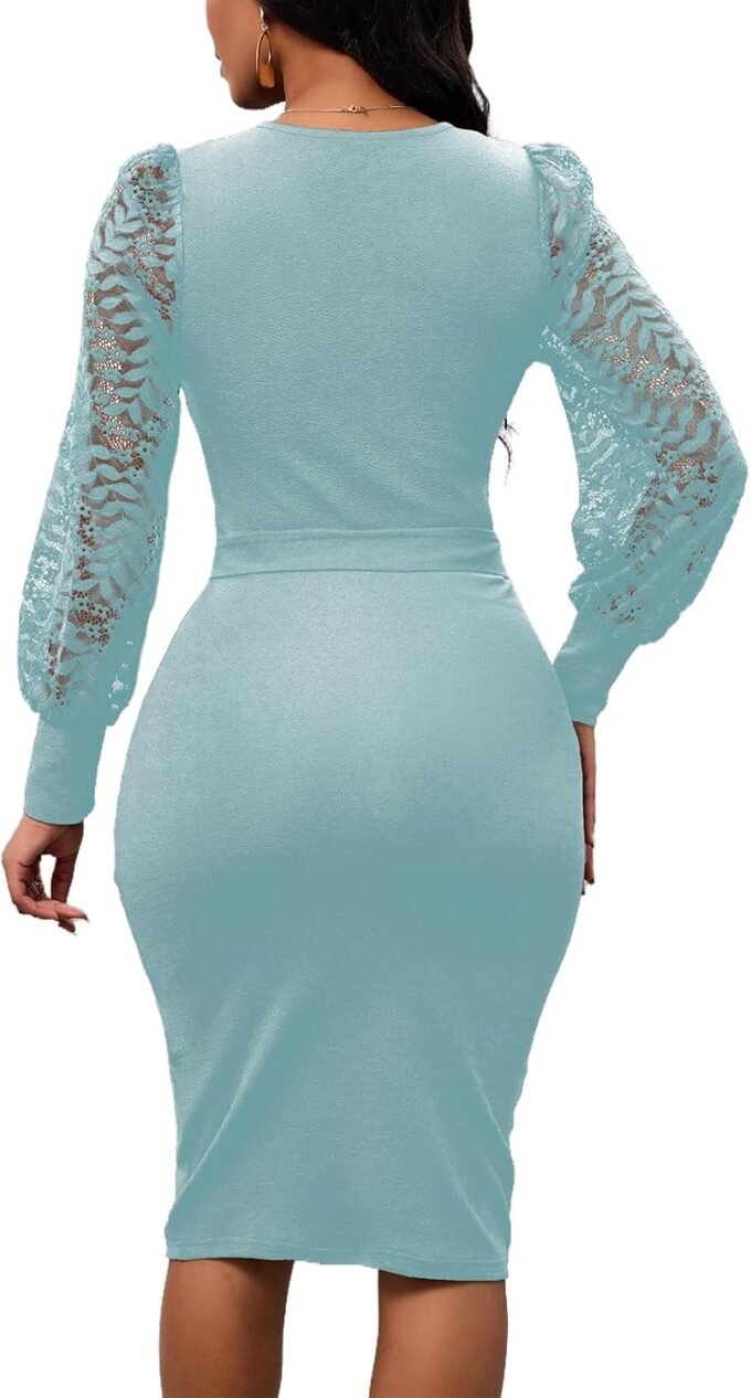 Womens Sexy Wrap V Neck Lantern Lace Long Sleeve Bodycon Midi Dress Semi Formal Cocktail Party Dresses – Bild 2