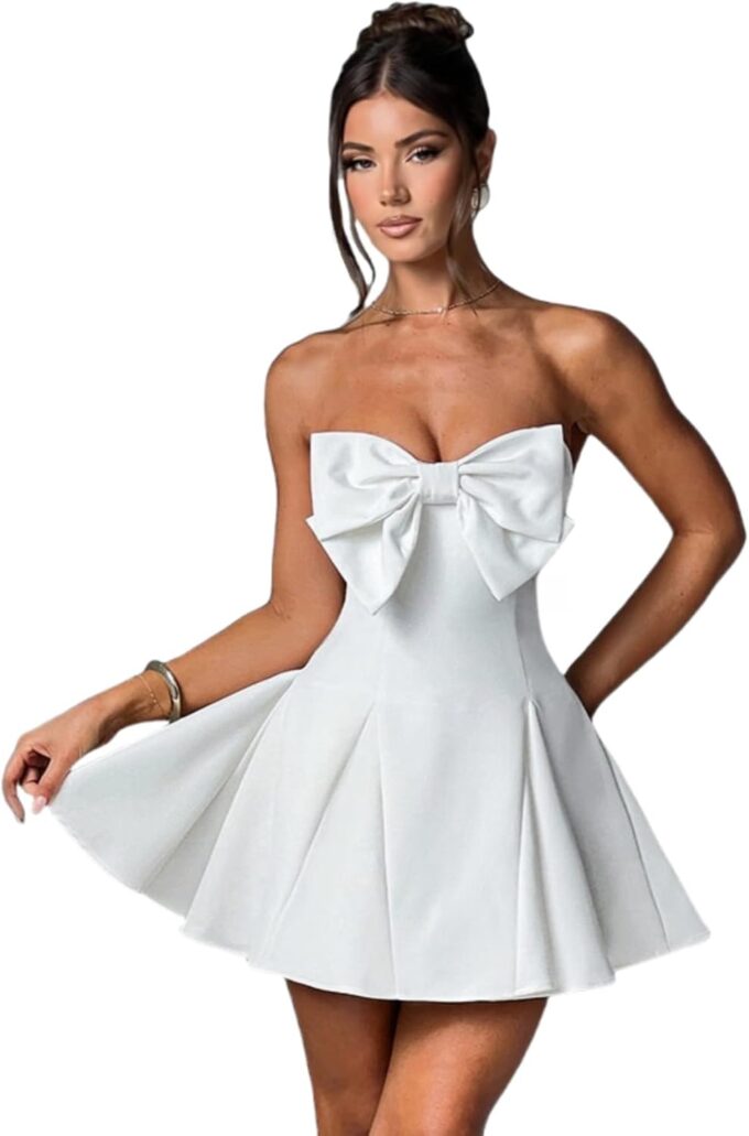 JUMISEE Women's Elegant Bow Strapless Homecoming Dress A Line Swing Tube Mini Dress Short Evening Party Prom Dress – Bild 5