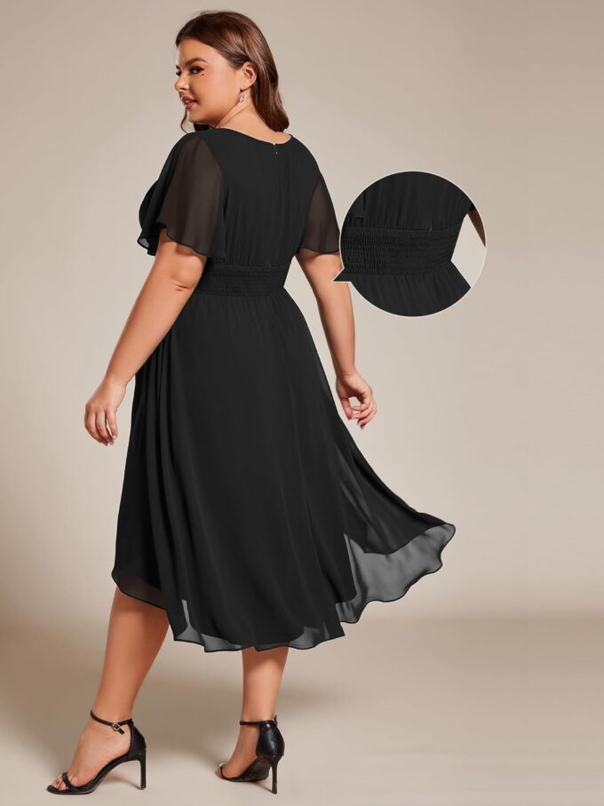 Ever-Pretty Women's A Line Crew Neck Short Sleeves Pleated Elastic Back Chiffon Midi Plus Size High Low Wedding Guest Dresses – Bild 2