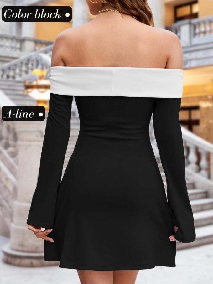 Off The Shoulder Bell Sleeve Corset Dress, Color Block Folded Neck, Cocktail Semi Formal HOCO Dresses for Women – Bild 3