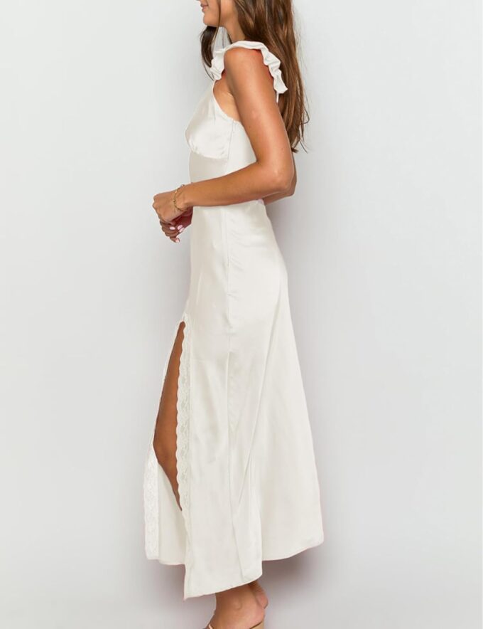 Summer Satin Lace Spaghetti Strap Midi Dress for Wedding Guest Silk Sleeveless V Neck Slit Ruffled Maxi Dress for Women – Bild 3