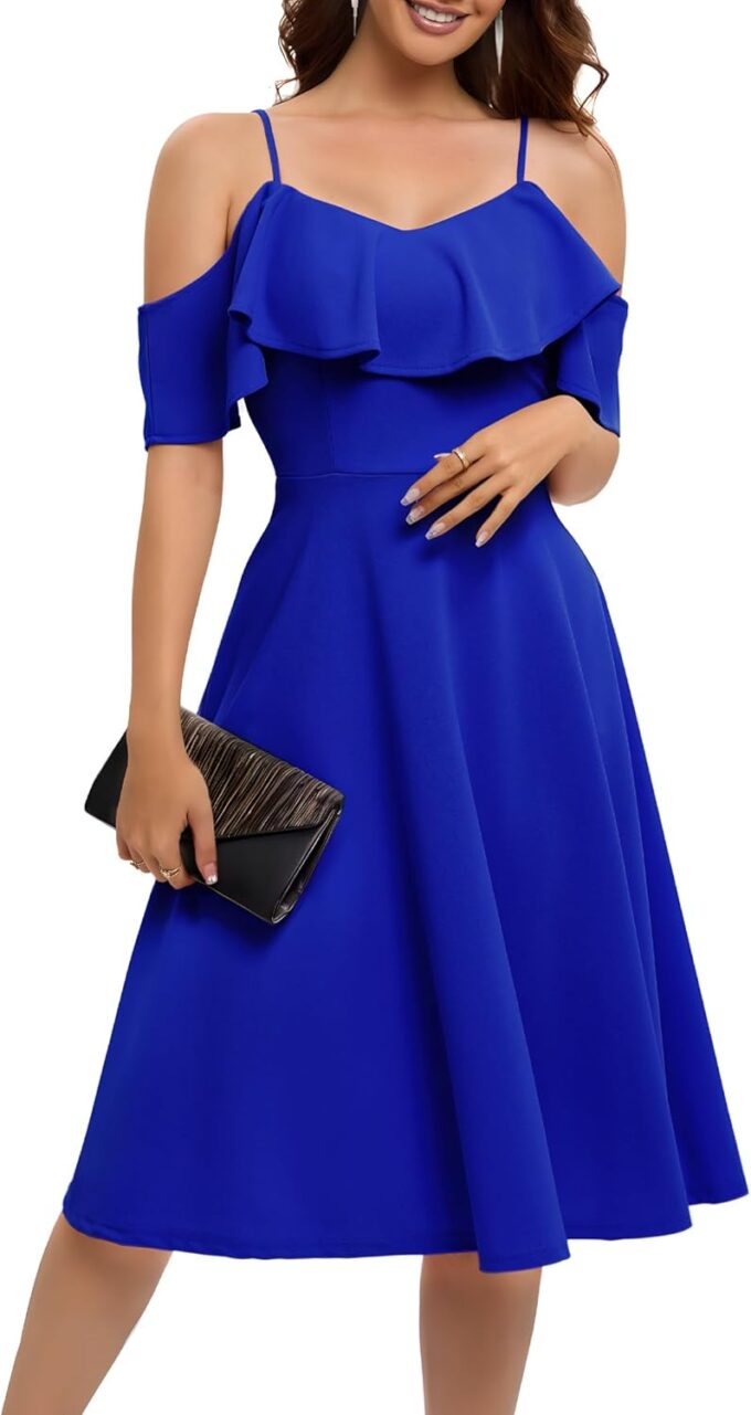 Bbonlinedress Womens Off Shoulder Summer Wedding Guest Dress Formal Cocktail Prom Graduation Homecoming A-line Midi Dress