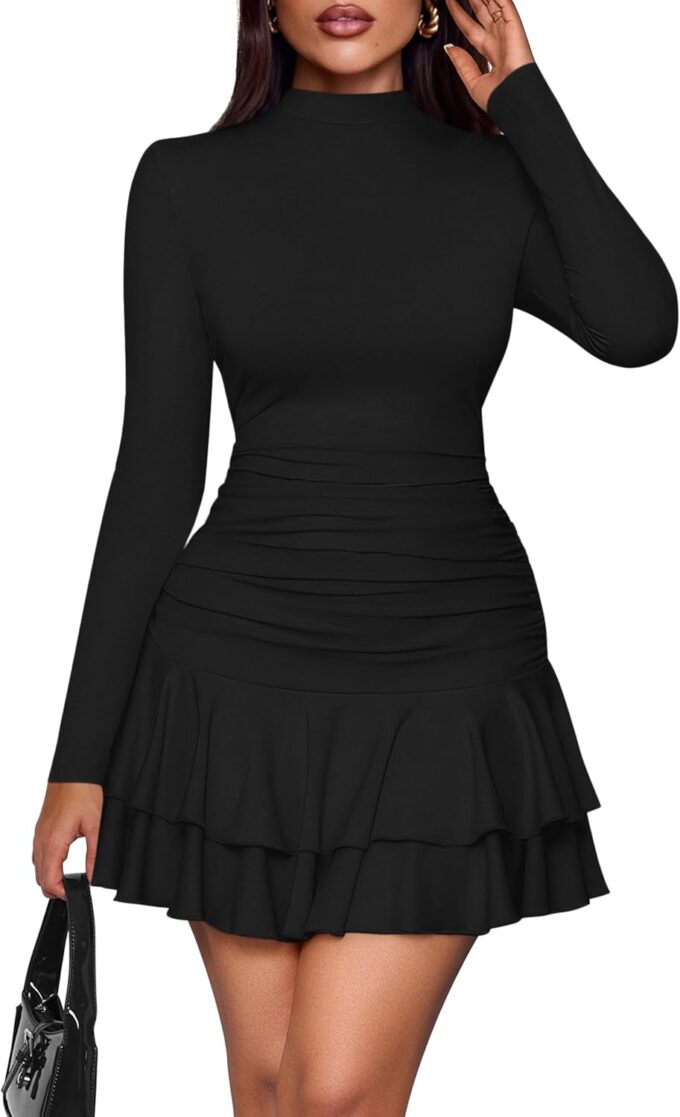 PRETTYGARDEN Women's Fall Long Sleeve Dresses 2025 Mock Neck Ruched Y2K Clothes Ruffle Layered Bodycon Mini Party Dress