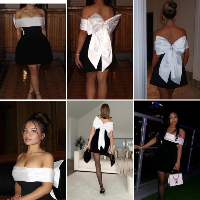 AIBEARTY Women's Elegant Big Bow Off Shoulder Mini Dress Sexy Strapless Backless Party Cocktail Evening Wedding Dresses – Bild 5