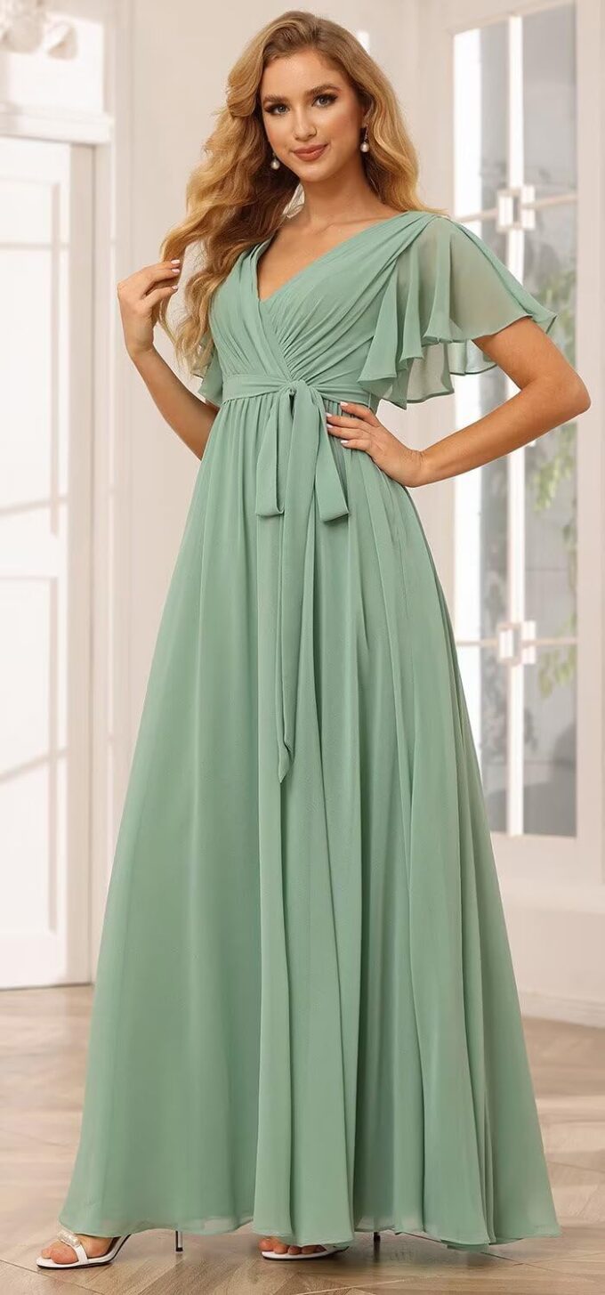 SEIM Women's Flutter Sleeve Bridesmaid Dresses Long V Neck Chiffon Formal Dresses with Pockets SE101 – Bild 4