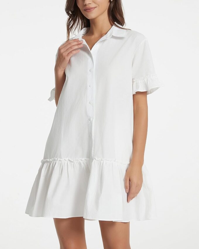 Women's Cotton Linen Ruffle Mini Dress Short Sleeve Button Down Drop Waist Tunic Shirt Dress – Bild 2