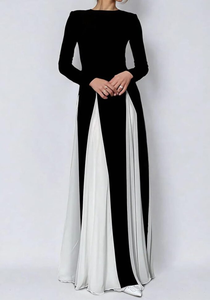 Unybwonn Wedding Guest Dresses for Women Elegant Patchwork Pleated Swing Long Dress Color Block Formal Flowy Maxi Dress – Bild 2