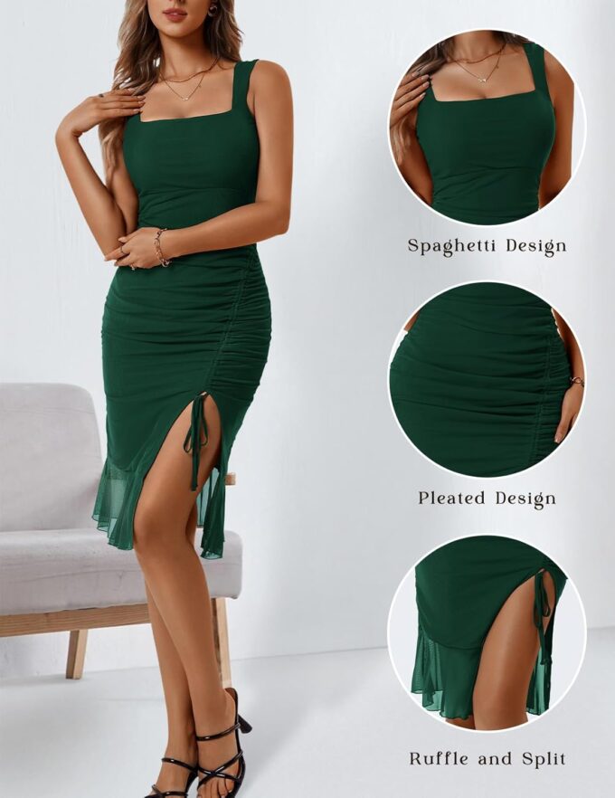 HomRain Women's Sexy Ruched Bodycon Midi Dresses Square Neck Sleeveless Ruffle Hem Cocktail Party Dresses – Bild 4