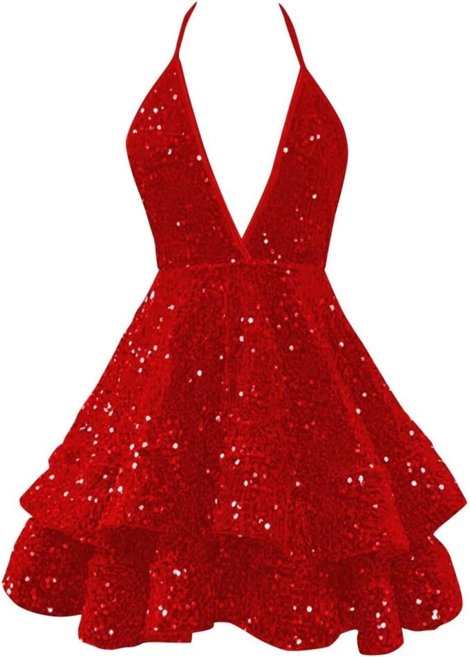 CWOAPO Sequin Homecoming Dresses for Teens 2025 Sparkly Spaghetti Straps V Neck Short Tiered Prom Dress Cocktail Party Gown