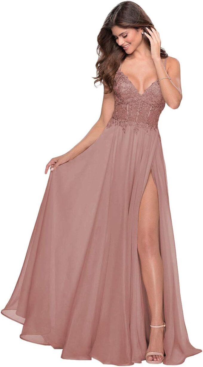 Miao Duo Women's Lace Appliqued Chiffon Prom Dresses Long with Slit Spaghetti Straps V Neck Formal Party Gowns YZTS027