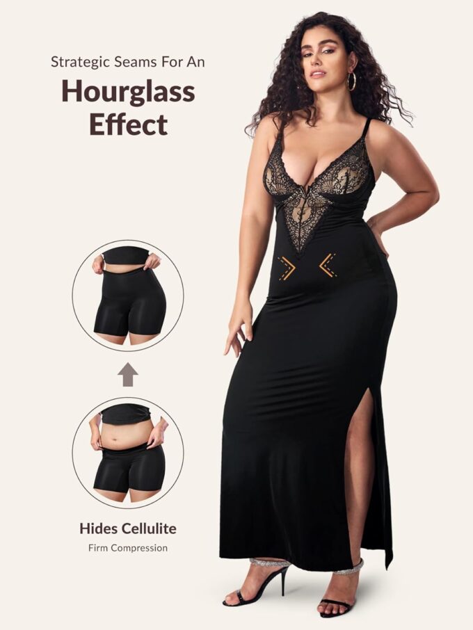 Women's Summer Built-in Bra and Shapewear Bodycon Sexy Maxi Dress with Lace Deep V-Neck and Spaghetti Straps – Bild 7