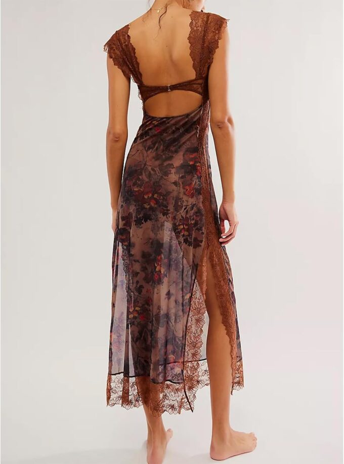 Women Sexy Lace Patchwork Mesh Dress Floral Print Cutout Sweetheart Neck Backless Slit Summer Maxi Dress – Bild 3