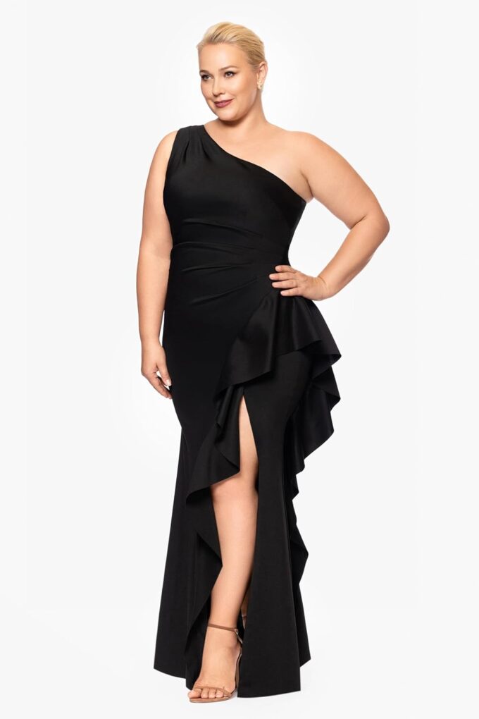 Xscape Women's Plus One Shoulder Ruffle Bodice Floor Length Side Slit Evening Dress – Bild 2