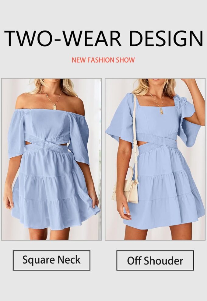 OWNGIGI Women's Summer Dresses Square Neck Short Sleeve Cutout Crossover Elastic Waist Casual Party A-Line Mini Dress – Bild 4