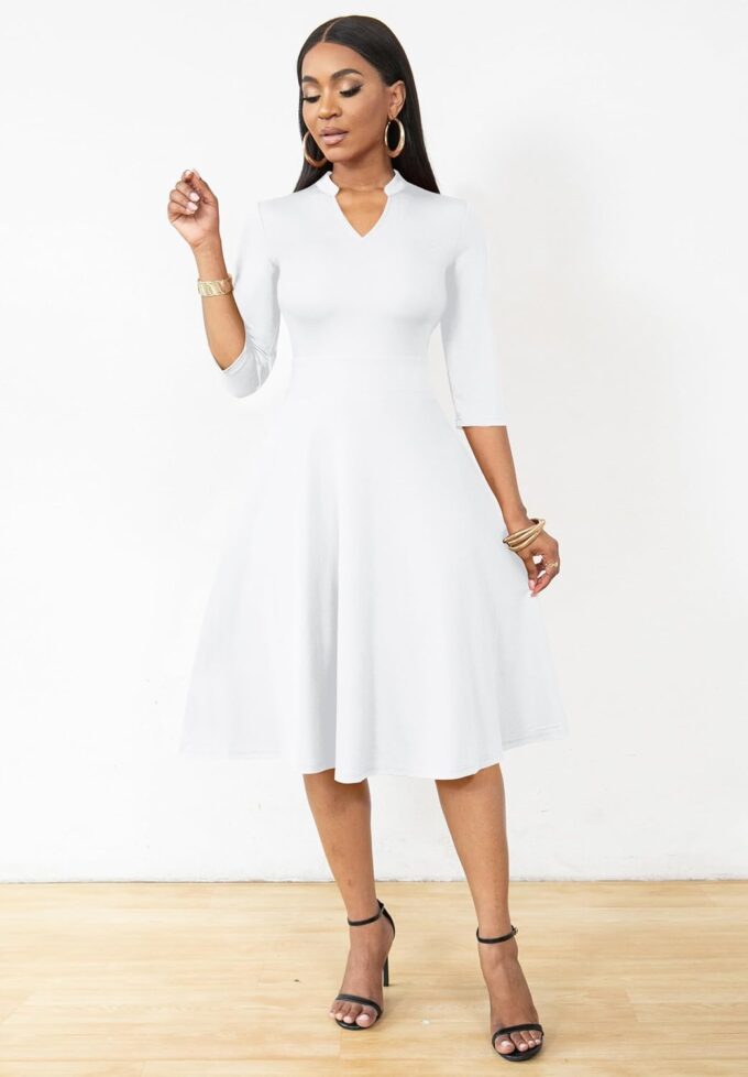 FANDEE Church Dresses for Women Casual Funeral Dress 3/4 Sleeve A-line Cocktail Tea Semi Formal Fit and Flare Dresses V Neck – Bild 3
