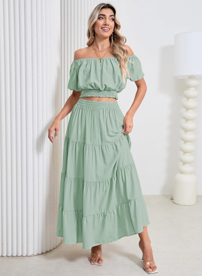 HUUSA 2025 Summer 2 Piece Boho Outfits for Women Short Sleeve Off Shoulder Crop Top and High Waist Flowy Long Skirt Set – Bild 7