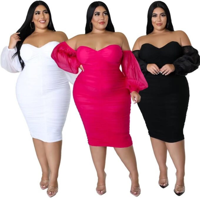 Women's Plus Size Off The Shoulder Mesh Long Sleeve Bodycon Ruched Midi Party Cocktail Dress – Bild 3