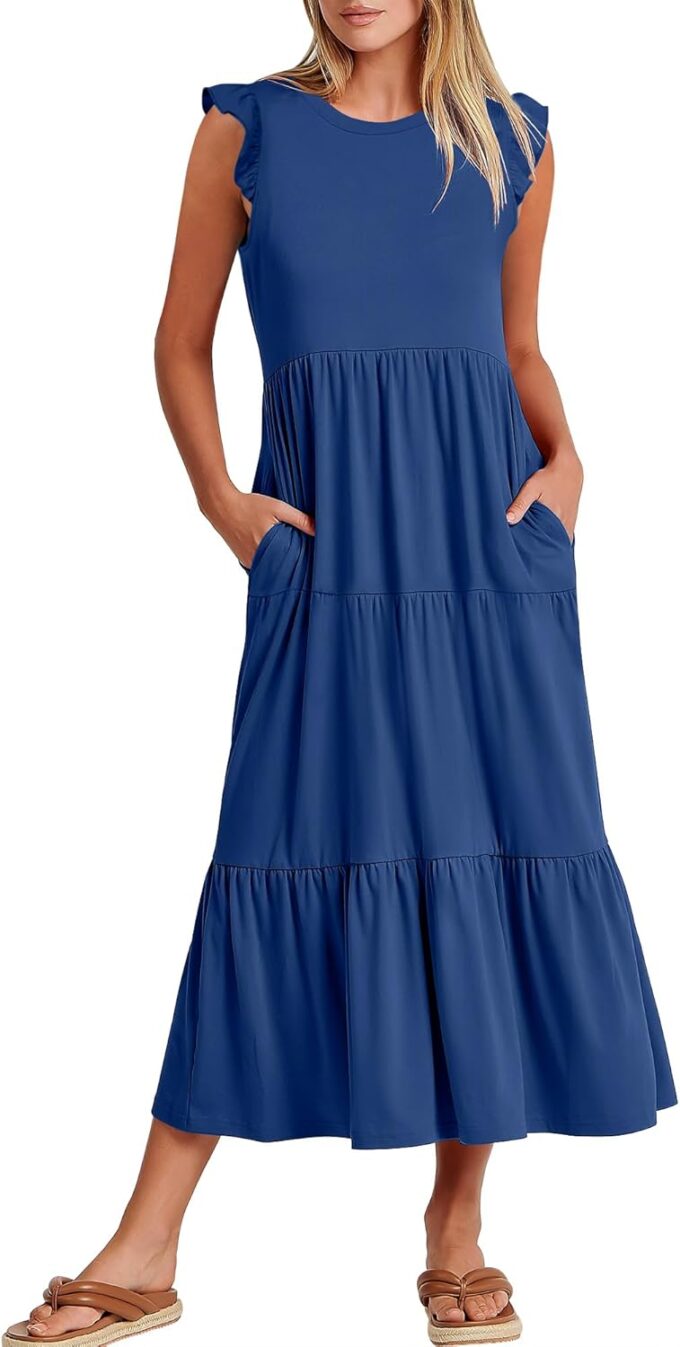ANRABESS Women Summer Casual Ruffle Sleeveless Maxi Dress A-Line Flowy Tiered Beach Long Sundress with Pockets
