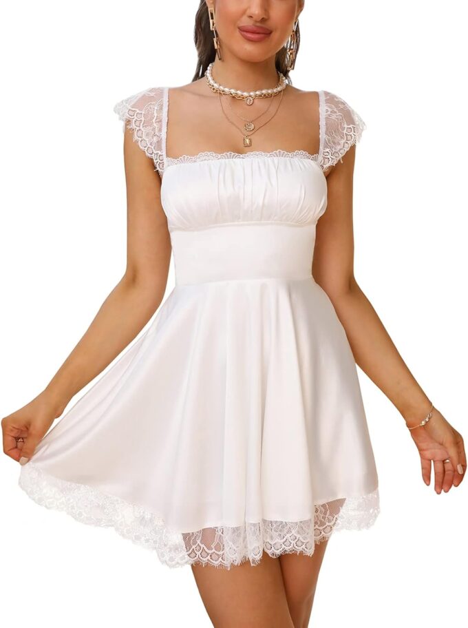 EYNMIN Women's Satin Lace Strap Mini Dress Square Neck Flowy A-Line Ruffle Swing Casual Short Dresses