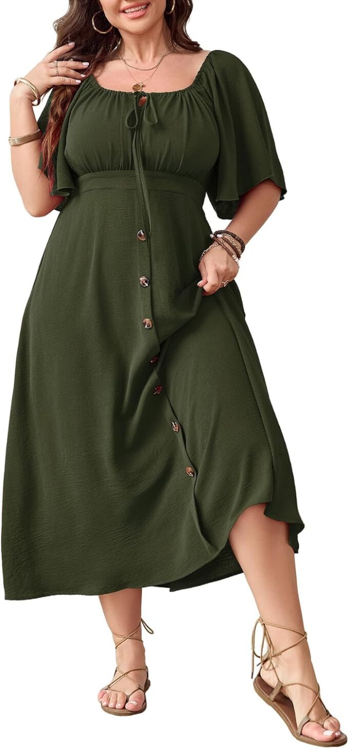 Plus Size Summer Dress Short Sleeve Square Neck Tie Front Smocked Button Down Flowy A-line Boho Maxi Long Dresses