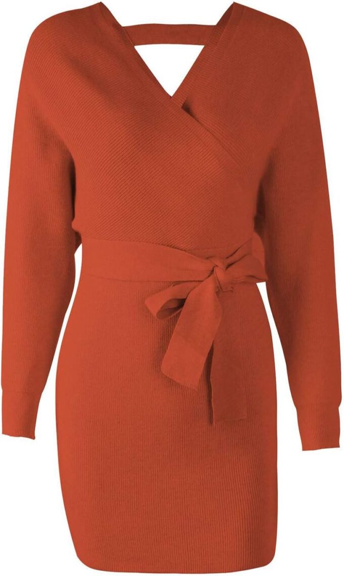 Mansy Women's Sexy Cocktail Batwing Long Sleeve Backless Mock Wrap Knit Sweater Mini Dress – Bild 6
