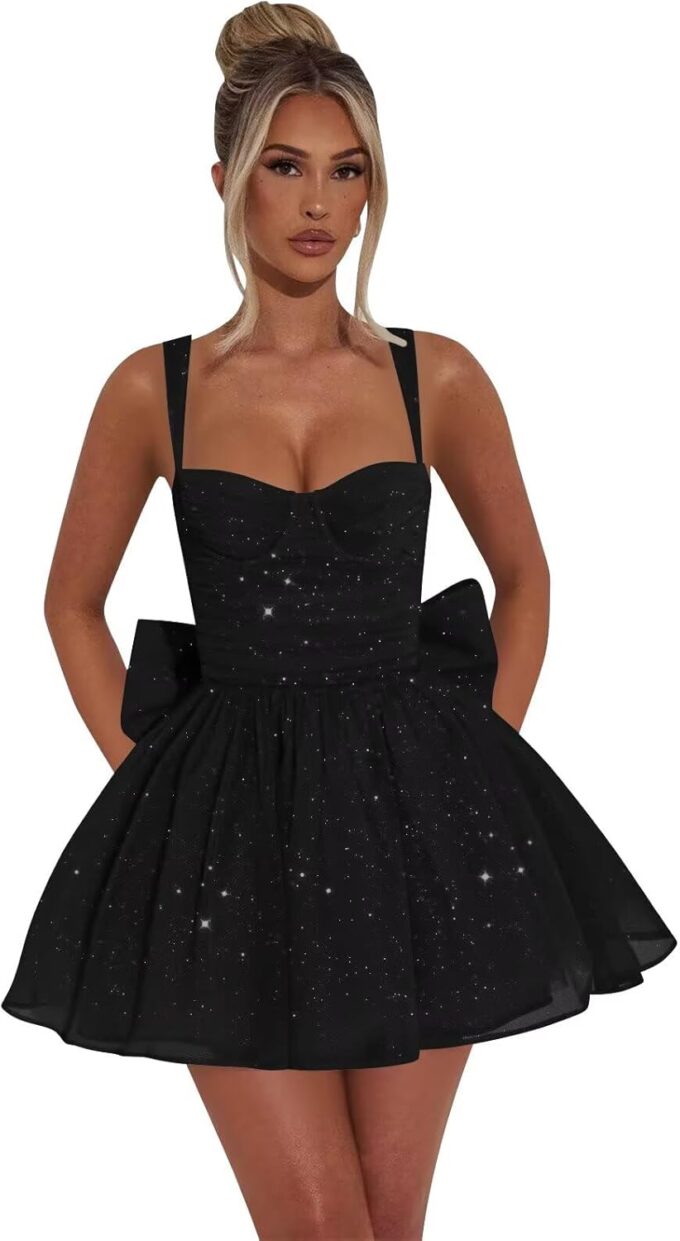 Xijun Glitter Tulle Homecoming Dresses with Bow A Line Corset Spaghetti Straps Mini HOCO Cocktail Party Dress