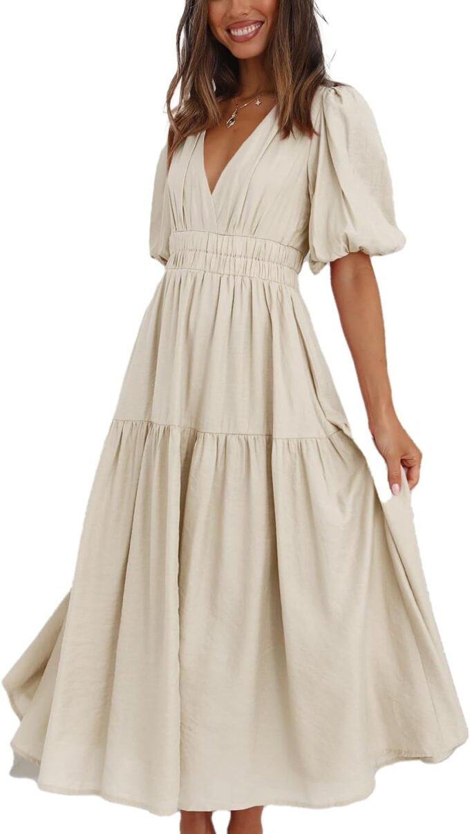 Womens Deep V Neck Puff Short Sleeve Tired Maxi Dress Flowy Swing Long Summer Dresses