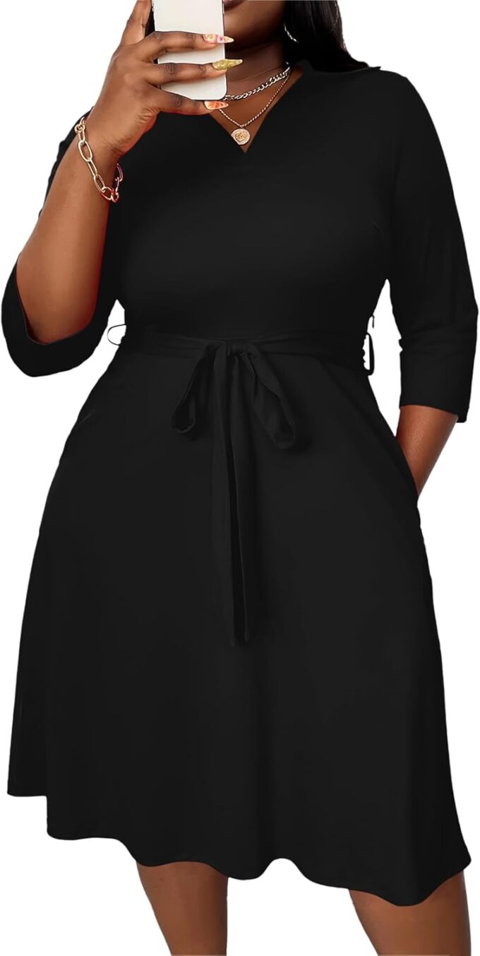 FANDEE Plus Size Midi Dress for Women - Printing Summer Dresses for Wedding Guest Cocktail Party 3/4 Sleeve V Neck（XL-5XL） – Bild 6