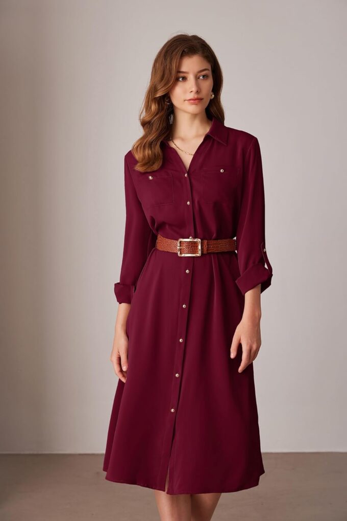 GRACE KARIN Women's Long Sleeve Button Down Shirt Dress Casual Loose Tie Waist Adjustable Sleeve Length Midi Dresses – Bild 3