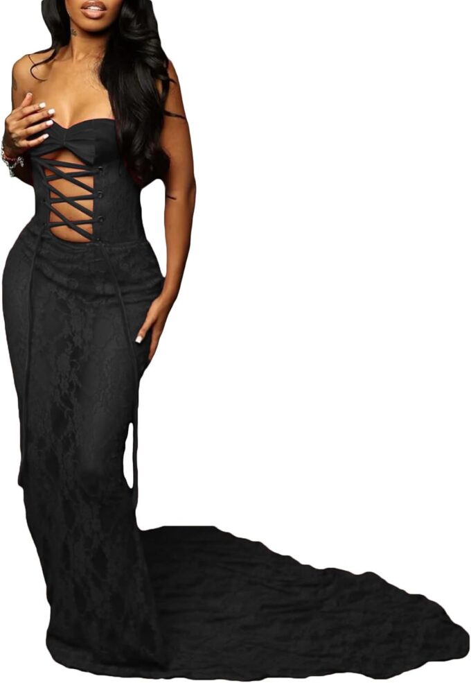 Sexy Strapless Lace Maxi Dress See Through Sleeveless Bodycon Tube Sheer Mermaid Dress Evening Party Gowns Dresses