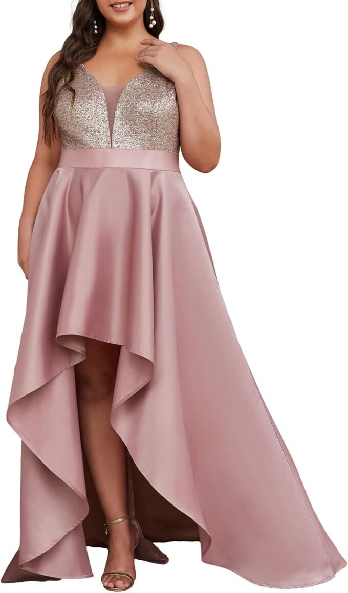 Ever-Pretty Plus Women's Elegant V Neck Sleeveless High Low A Line Sequin Satin Plus Size Cocktail Formal Dresses
