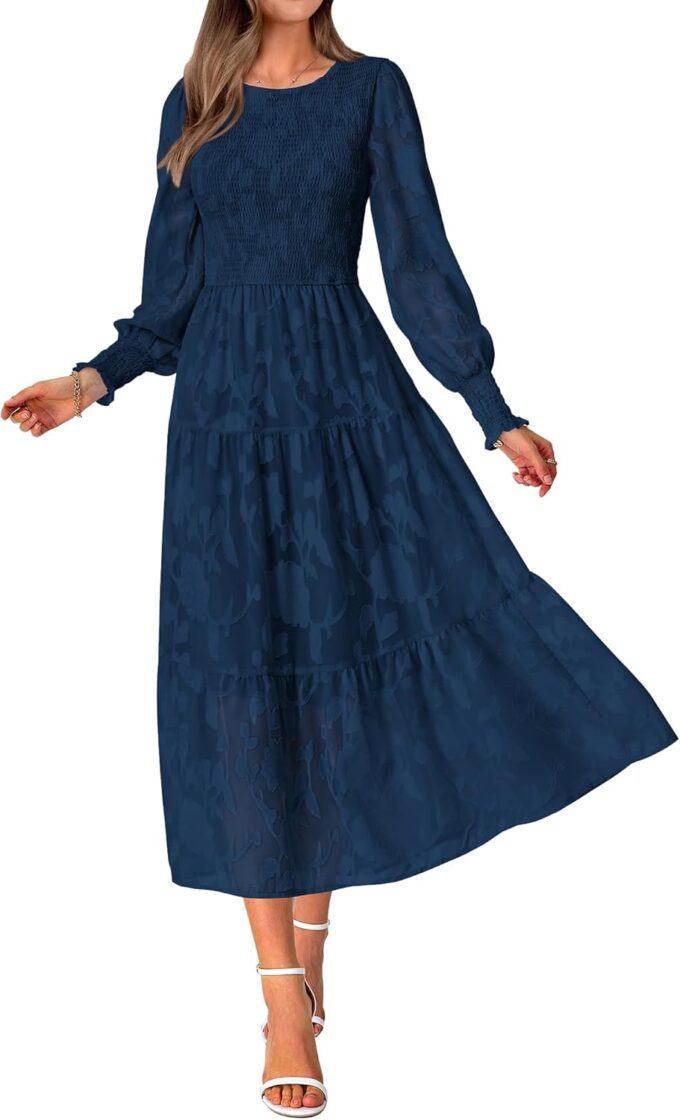 BTFBM Casual Women's 2025 Spring Dresses Elegant Wedding Guest Dress Long Sleeve Floral Midi Dress Flowy Bohemian Long Dress
