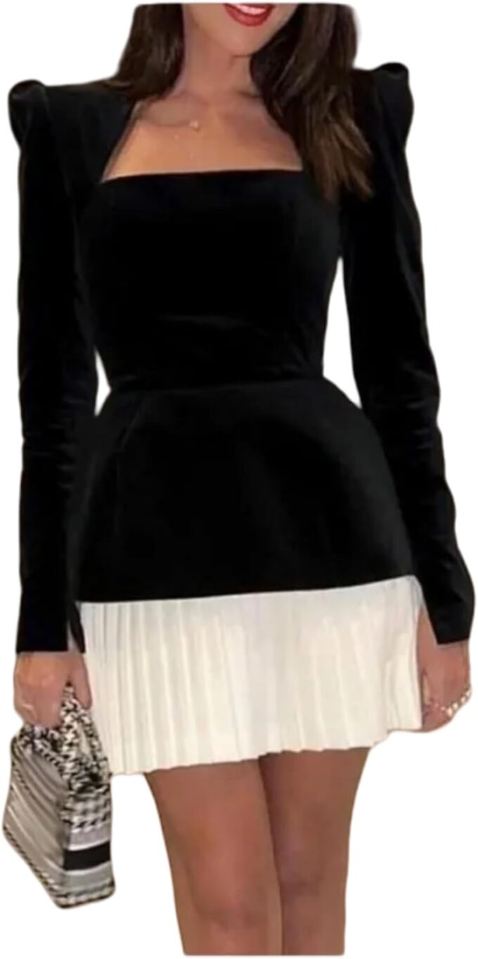 AIBEARTY Women's Long Sleeve Pleated Hem Velvet Mini Dress Elegant Square Neck Slim Fit Dressess for Party Cocktail